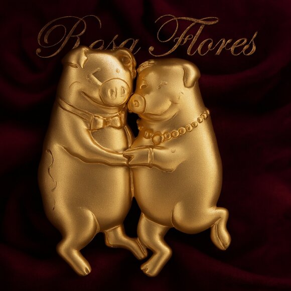 Gold Mr & Mrs Pig Dancing Brooch – Intricate Detailed Animal Pin Jewelry - Picture 1 of 11